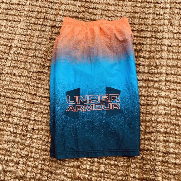Under Armour Youth Boys YXL Swim Trunks Orange Blue Print Drawstring Longer - Picture 1 of 6